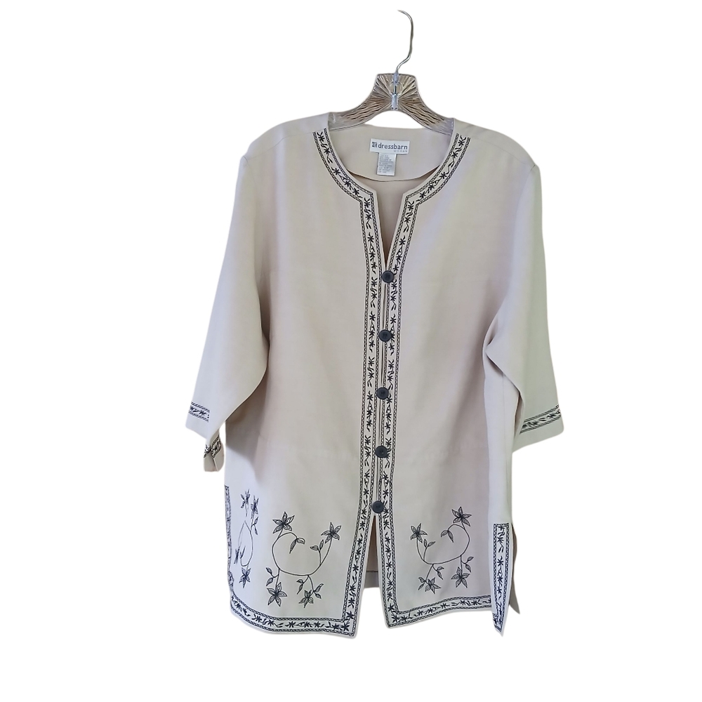 Dressbarn Woman Vintage Cream & Black Embroidered Silk & Linen Tunic Size 16W